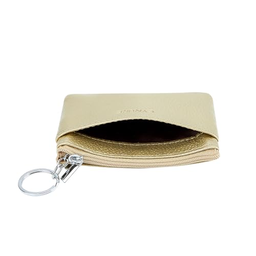 Women Genuine Leather Coin Purse Keychain Change Purse - color: Gold