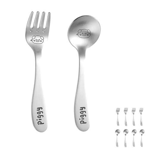 Stainless Steel Dessert Spoon and Fork Set - 2pcs Mini Utensils for Espresso, Ice Cream, Dessert, and More Available in Dinosaurs, Pandas, Rabbits, Cats, and Pigs (Pigs) - color: Pigs