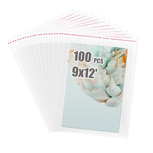 Egofine Self Sealing Cellophane Bags 100 PCS Clear Resealable Sleeves Bags for 9x12 Photo Mats (Bag Size: 9.38x12.4 inches for 9x12 Mats) - color: 9"x12"Pack of 100