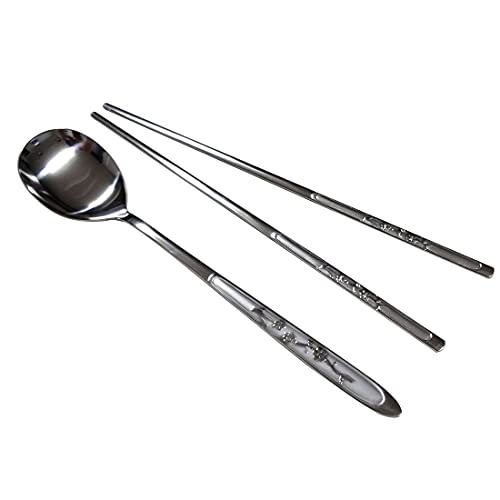 GARASANI Korean Traditional Cutlery Stainless Steel Spoons and Chopsticks Set (Silver Plum blossom) - color: Silver Plum blossom