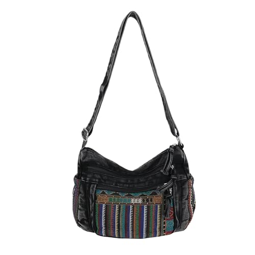 Black Denim Purse Crossbody Bags, Boho Hobo Crossbody Bags for Women, Casual Hippie Travel Purse with Lots of Pockets - color: Black