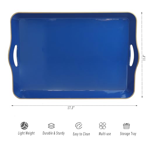 Spsyrine Large Blue Serving Tray with Handles, Plastic Decorative Tray for Coffee Table, Ottoman, Bathroom, Home Decor 17.3"*11.8"*2" - color: L2blue