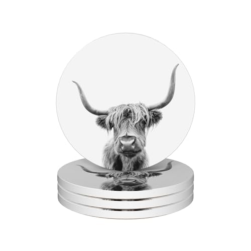 Highland Cow Coasters Set of 4, Absorbent Ceramic Drink Coasters with Cork Backing, Western Theme Coasters for Table Home Décor, Ideal Gifts for Women Men - color: Highland Cow