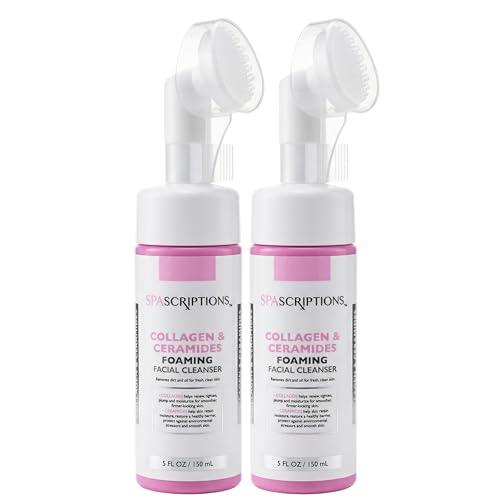 SpaScriptions 2 in 1 Cleanse & Exfoliate Foaming Facial Cleanser - Collagen & Ceramides Face Wash with Silicone Brush for Dry Skin with Barrier Support with Peptides, Daily Cleansing (2-Pack) - size: 5 Fl Oz (Pack of 2)
