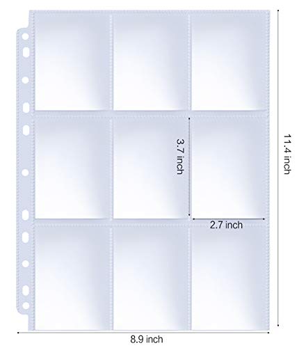 Trading Card Sleeve Pages, HERKKA 200 Pack 9 Pocket Album Pages 11 Holes Fit 3 Ring Binder - size: 200 Pack