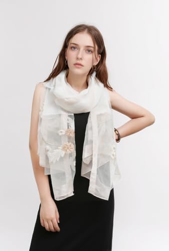 Jeelow Long Silk Blend Embroidered Floral Shawl Scarf Wrap for Women - color: White Bloom