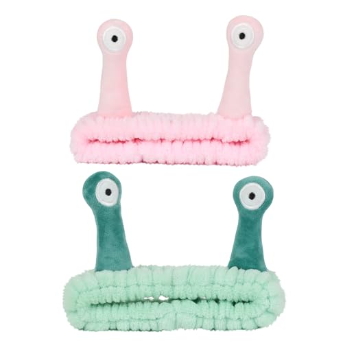 PERFECTSIGHT Kawaii Headband for Spa, Makeup, Washing Face, Party - 2 Pack Cute Hair Band for Shower Beauty Skincare, Soft Facial Headbands for Girls and Women (Green+Pink Snail) - color: Green+Pink Snail