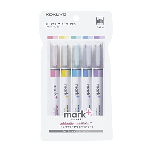 KOKUYO Pastel Highlighters, 2 Tone Chisel Tip Bible Markers in Assorted Colors, No Bleed Quick-Dry Art Marker for Journal, Planner, Notes. Japan Import (PM-MT100-5S) - color: Assorted