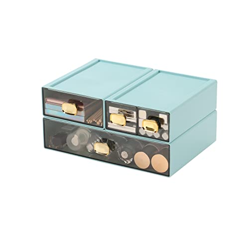 Desktop Storage Drawers, Stackable Countertop Organizer with Drawers - color: 4 Mixed Drawers, Cyan