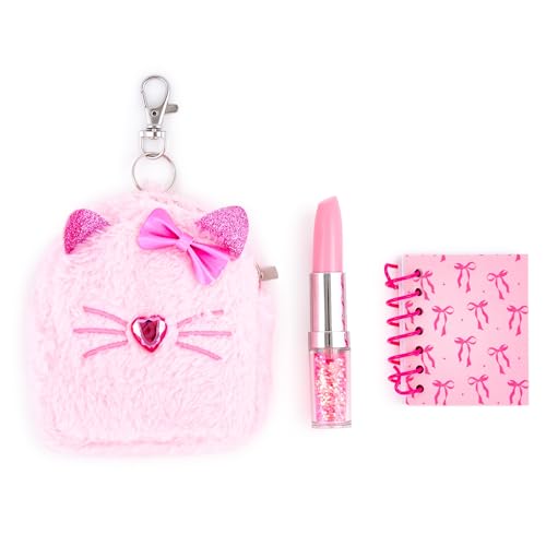 VOTUM Pink Bow Cat Keychain Charm for Backpacks, Purses, Handbags, Car Keys with Stationery Set - Includes Mini Notebook, Gel Pen, Eraser, Stickers - Portable & Fun Gift for Tweens & Adults Ages 8+ - style: Pink Bow Cat