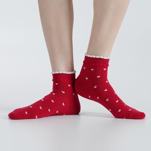 Womens Cotton Crew & Ankle Socks, Cute Floral Ruffle Colorful Tube Size 6-9 - color: Heart Ankle C