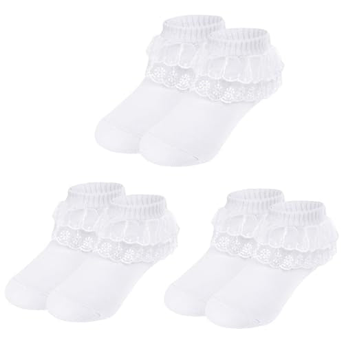 3 Pairs Baby Girl Socks Ruffle Sock Lace Frilly Socks for Newborn Infant Toddler 1-2 Years - color: White