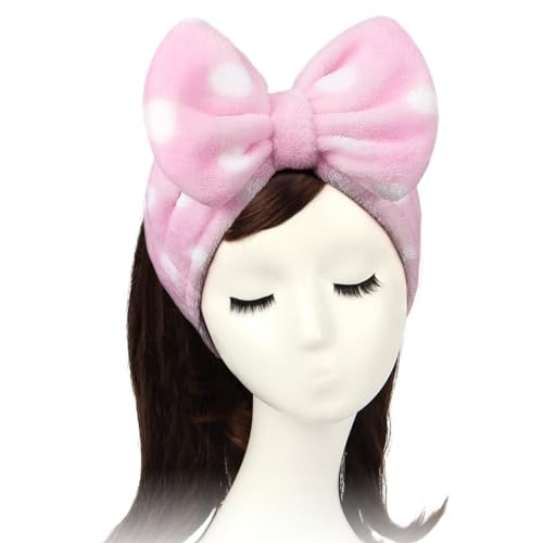 Shintop Women Fashion Lovely Soft Carol Fleece Bowknot Bow Makeup Cosmetic Shower Elastic Hair Band Hairlace Headband (Pink Polka dots) - color: Pink