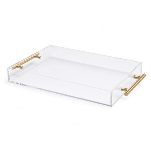 Clear Acrylic Tray 14x11” with Golden Metal Handles - Large Plastic Tray for Serving Guests, Countertop Organization, Ottoman Coffee Table & Vanity – Modern Decorative Tray for Home & Office - color: Golden Handles - Transparent, size: 14" x 11" x 2"