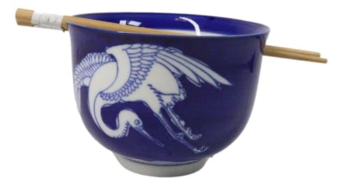 Ebros Gift Artistic Donburi Ramen Udon Noodles Soup Salad 5" D 18Oz Bowl With Bamboo Chopsticks And Built In Rest Set Asian Dining Kitchen Accent (Blue And White Japanese Crane) - color: Blue And White Japanese Crane