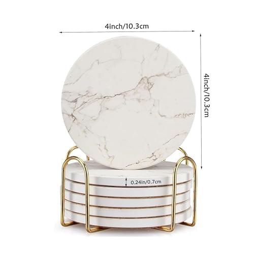 4inch Round White Marble Coaster with Gold Storage Rack 6pcs - color: White Coasters