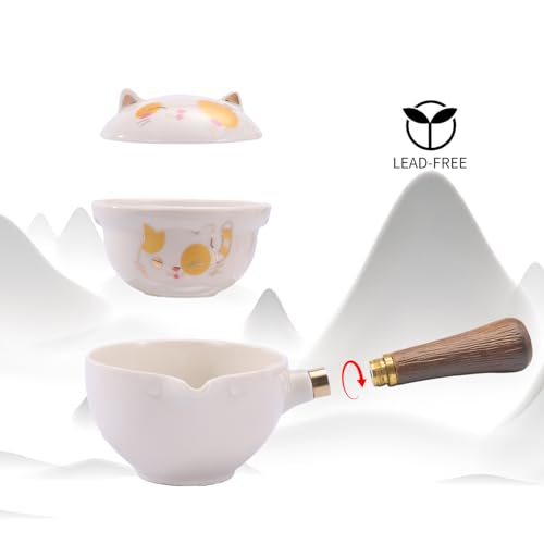 LURRIER Porcelain Chinese Gongfu Tea Set,Portable Teapot Set with 360 Rotation Tea maker and Infuser,Portable All in One Gift Bag for Travel,Home,Gifting,Outdoor and Office (Kitty Cat) - color: Cat
