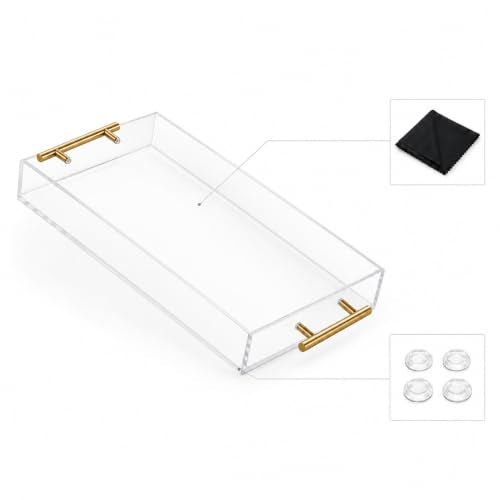 Clear Acrylic Tray 14x11” with Golden Metal Handles - Large Plastic Tray for Serving Guests, Countertop Organization, Ottoman Coffee Table & Vanity – Modern Decorative Tray for Home & Office - color: Golden Handles - Transparent, size: 14" x 11" x 2"