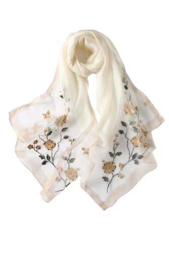 Jeelow Long Silk Blend Embroidered Floral Shawl Scarf Wrap for Women - color: White Flowers