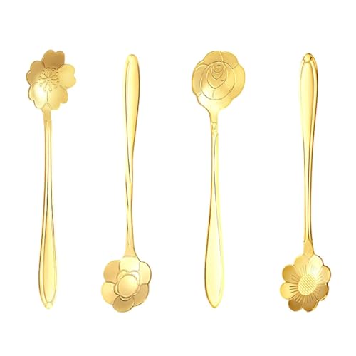 4 Pcs Mini Flower Spoon Coffee Teaspoon Stirring Spoon for Tea and Coffee Party, Desserts(Gold)