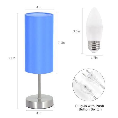 RISLG 2 Pack Small Table Lamps for Bedroom, Bedside Lamps for Nightstand with Wire Switch, Minimalist Modern Desk Lamps with Linen Fabric Shade for Kids Room Living Room Office Dorm, Bulb Included - color: 2 Pack Blue-Silver, size: 13in