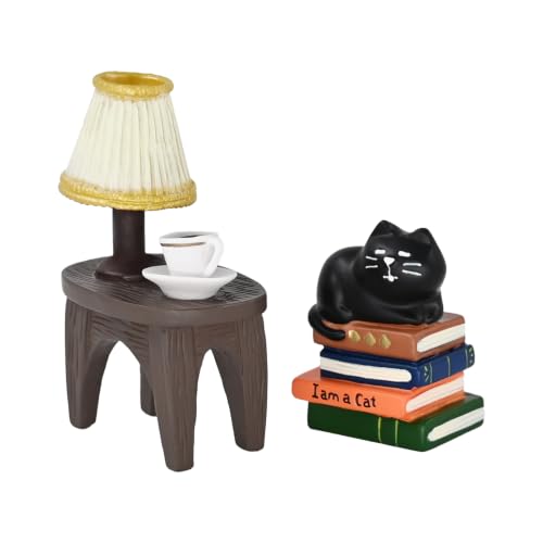 RAQWI Black Cat on Books Figurine with Lamp Table, Resin Desk Decor - color: Bookworm