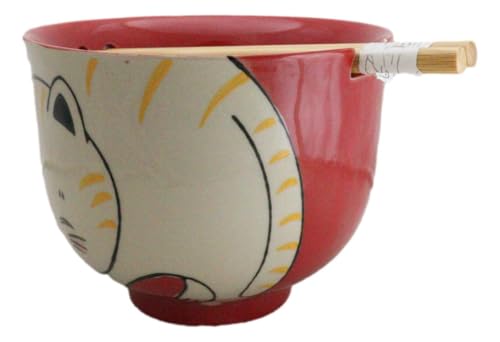Ebros Gift Artistic Donburi Ramen Udon Noodles Soup Salad 5" D 18Oz Bowl With Bamboo Chopsticks And Built In Rest Set Asian Dining Kitchen Accent (Red Chubby Kitty Cat) - color: Red Chubby Kitty Cat