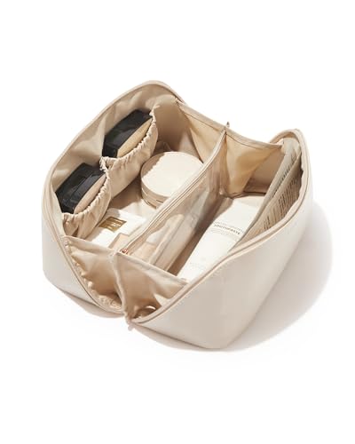EACHY Travel Makeup Bag for Women, PU Leather Cosmetic Bag, White, Medium - color: A - White, size: Medium
