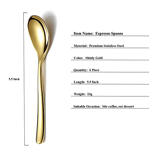 Gold Demitasse Espresso Spoons, 5.5'' Mini Coffee Spoons, Set of 6, Stainless Steel, Dishwasher Safe - color: 2. Gold