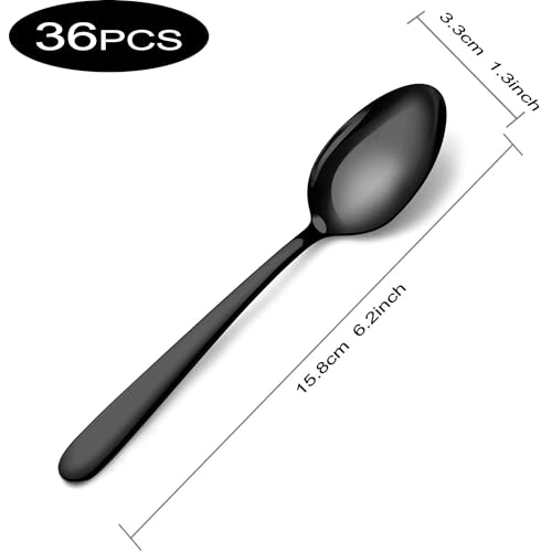 Pleafind 36 Pieces Black Teaspoons Set - 6.2 inch, Spoon Silverware, Stainless Steel Tea Spoons, Mirror Polished Small Teaspoon, Dessert Spoons for Home, Kitchen, Restaurant, Dishwasher Safe - size: 36 Pcs 6.2'' Black Teaspoons