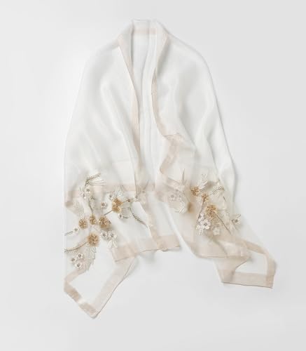 Jeelow Long Silk Blend Embroidered Floral Shawl Scarf Wrap for Women - color: White Bloom