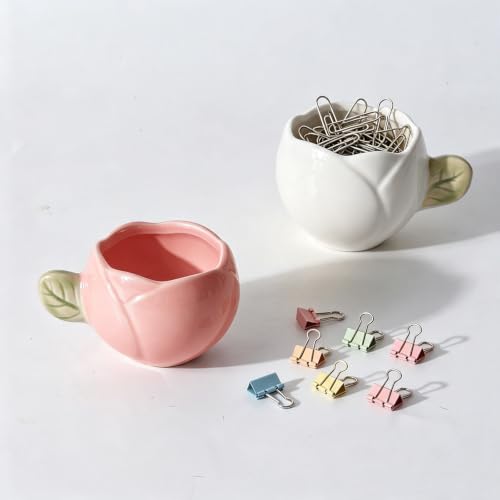2 Pack Tulip Ceramic Paper Clip Holder, Flower Office Desk Decor - color: Tulip Pink+White