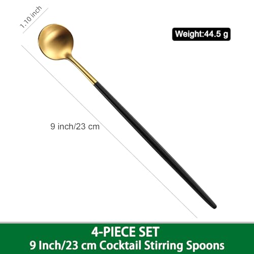 DEHOV 4 PCs 9 Inches Brush Gold Stainless Steel 304 Iced Tea Spoons With Black Handle,Long Handle Coffee Stirring Spoon,SS18/10 Long Latte Spoons Set - color: Gold-Black Handle, size: 9 Inch