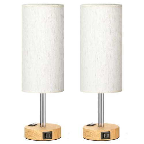 Fenmzee Bedside Table Lamp Set of 2 - Dimmable Touch, USB A+C, AC Outlet - color: Cream - Wood Grain 2, size: 14"