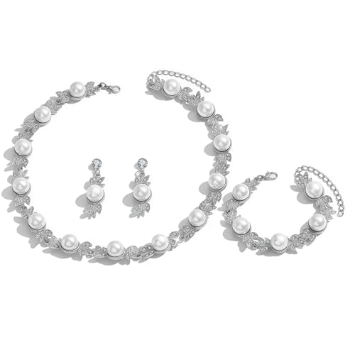 Pearl Bride Wedding Jewelry Set Faux Pearls Crystal Rhinestone Necklace Earrings Bracelet Sets for Women Bridesmaid(3 PCS) - color: Silver-Fake Pearl Style 1