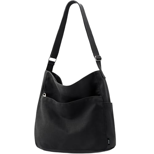 KALIDI Canvas Tote Bag Zipper Large Crossbody Shoulder Bag Messenger Bag - color: Black
