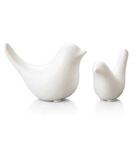 White Ceramic Bird Figurines and Statues, 2 Piece Bird Decor - color: White