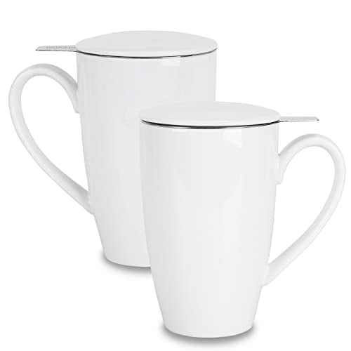 amhomel Porcelain Tea Mug with Infuser and Lid, 16 Ounce Ceramic Tea Cup for Loose Leaf, Coffee, Cocoa and Milk, Tea Gift for Tea Lovers, Set of 2(White) - color: White