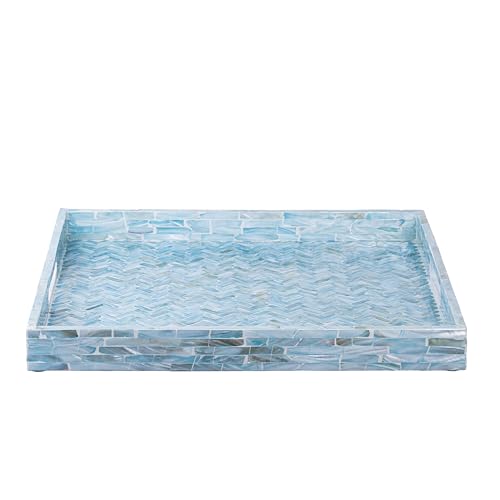 PEMAR Mother of Pearl Square Decorative Tray 20 x 20 Inch - Handcrafted Ocean Blue Herringbone Shell Inlay Ottoman Tray with Built-in Handles, Large Oversized Coffee Table Centerpiece Tray - color: Light Teal Herringbone