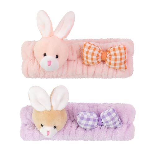 PERFECTSIGHT Kawaii Headband for Spa, Makeup, Washing Face, Party - 2 Pack Cute Hair Band for Shower Beauty Skincare, Soft Facial Headbands for Girls and Women (Purple+Pink Bunny) - color: Purple+Pink Bunny