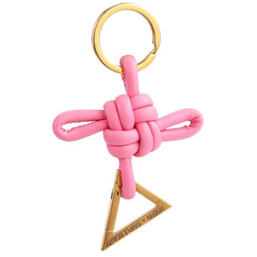 Ladies' genuine leather Chinese knot keychain, D-shaped horseshoe shaped car keychain, bag charm pendant - color: Pink