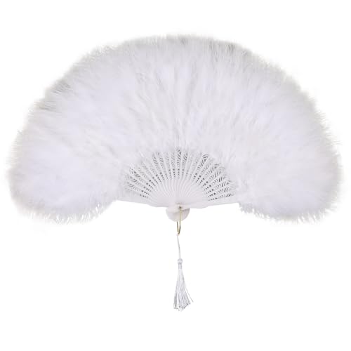 whitefeather Vintage Feather Hand Fan, 17.7 x 11.8 inches, Marabou Feathers, 1920s Style for Costume Parties, Tea Parties - color: White