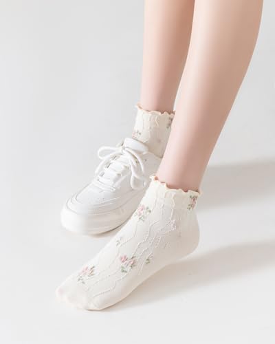Women‘s Ruffle Ankle Socks,Vintage Patterned,Short Casual Dress Sock,Cute Princess Lettuce Floral Socks 6 Pack - color: 6pairs(floral Pattern)