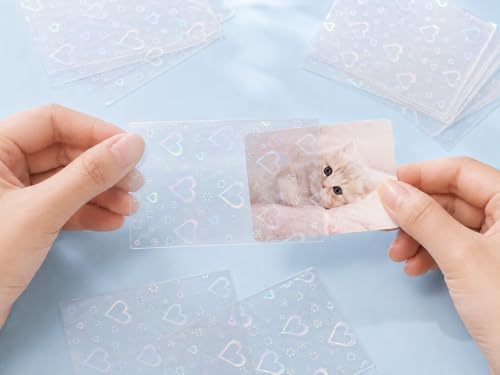 200 Pcs Holographic Card Sleeves 65x91mm, Clear Kpop Photocard Sleeves, Laser Flashing Trading Card Protectors for Photo Cards, TCG, Sports Cards and Collectible Cards, 4 Designs