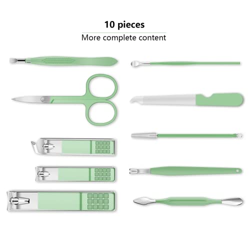 Manicure Set, Travel Mini Nail Clippers Kit Pedicure Care Tools, 10pcs Stainless Steel Grooming kit (Green) - color: Green
