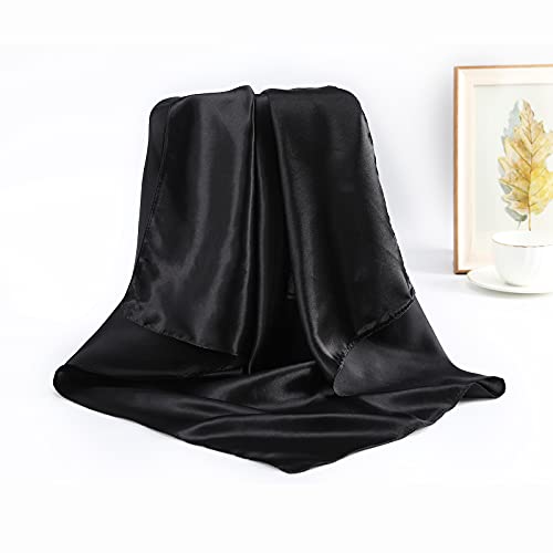 AWAYTR 2-Pack 35" Silk-Like Satin Head Scarves for Women, Square Bandanas - color: Solid Color(black/Camel)