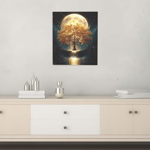 Golden Tree Wall Art Fantasy Tree with Moon and Waterfall Canvas Wall Decor Pictures Paintings Prints Mystical Nature Artwork Framed De corations For Meditation Space Bathroom Bedroom Living Room Office Gifts 20" x 24" - color: Golden Tree, size: 24"L x 2
