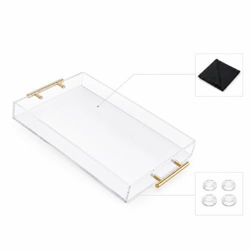 Clear Acrylic Tray 16x12” with Golden Metal Handles - Large Plastic Tray for Serving Guests, Countertop Organization, Ottoman Coffee Table & Vanity – Modern Decorative Tray for Home & Office - color: Golden Handles - Transparent, size: 16" x 12" x 2"