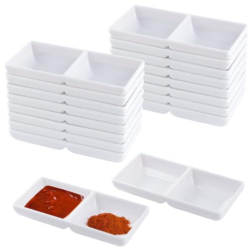 16 Pcs Sauce Dish, Dual Dipping Bowls Large Capacity Dual Sauce Bowls, Soy Two Compartments Party Trays Divided Fondue Plates for Restaurant Kitchen Sushi Soy Sauce (White)