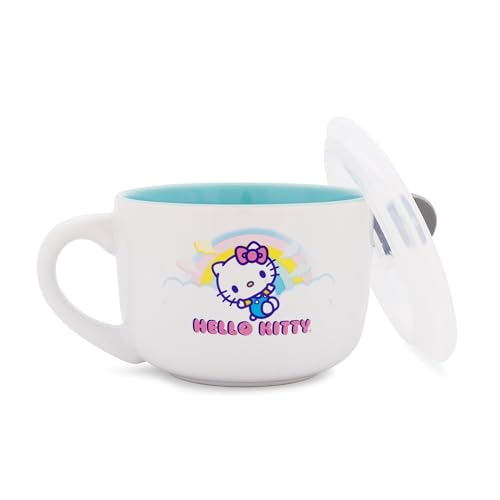 Silver Buffalo Sanrio Hello Kitty Rainbow Clouds Ceramic Soup Mug With Vented Lid For Ice Cream, Cereal, Beverages | Holds 24 Ounces - color: Rainbow Clouds